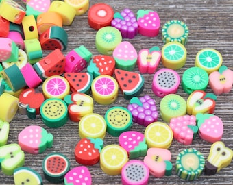 Fruit Polymer Clay Beads, Fruit Fimo Cane Beads, Assorted Fruit Beads, Fruit Slice Beads, Fruit Clay Bracelet Beads,