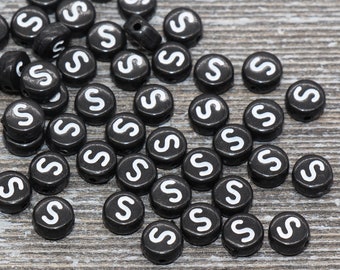 Letter S Alphabet Beads, Black Alphabet Letter Beads, Acrylic Black and White Letters Beads, Round Acrylic Beads, Name Beads, Size 7mm