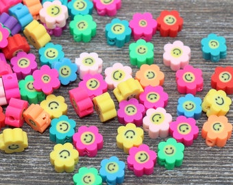 Smiley Face Polymer Clay Beads, Flower Shape Smiley Face Fimo Cane Beads, Assorted Happy Face Emoji Beads, Rainbow Happy Face Beads #20