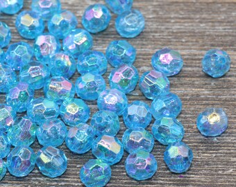 Boules de gomme à facettes AB bleues 8 mm, perles en vrac acryliques à facettes irisées bleu translucide, chewing-gum, perles arc-en-ciel coupées en étoile # 1256