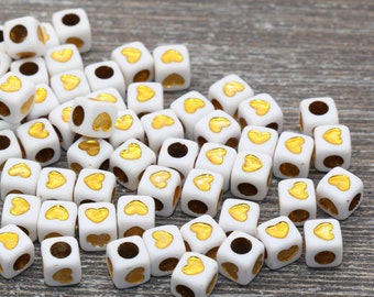 Perles cubes en forme de coeur blanches et dorées, perles cubes en acrylique blanches et dorées, perles cubes en forme de coeur carrées dorées, taille 7 mm #958