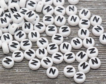 Letter N Alphabet Beads, White Alphabet Letter Beads, Acrylic White and Black Letters Beads, Round Acrylic Beads, Name Beads, Size 7mm