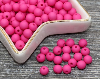 6mm Matte Fuchsia Pink Gumball Beads, Round Acrylic Loose Beads, Frosted Pink Bubblegum Beads, Chunky Beads, Round Plastic Beads #586