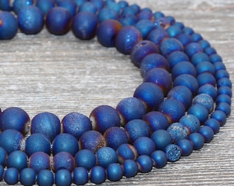 Perline di agata blu druzy, perline rotonde opache di pietre preziose, 6 mm 8 mm 10 mm, filo intero, n. 154 - Italia