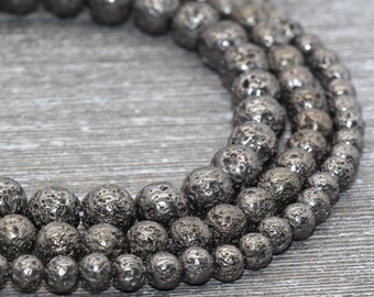 Perline di lava, perline di roccia vulcanica placcate in metallo color canna di fucile, perline rotonde di pietre preziose, galvanizzate, misure 6 mm, 8 mm, 10 mm, filo intero 15,5 #139