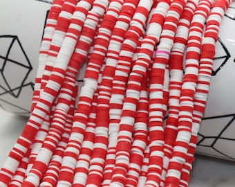 6mm Red and White Mix Heishi Beads, Multicolor Polymer Clay Disc Beads, African Disc Beads, Vinyl Heishi, Full Strand #246