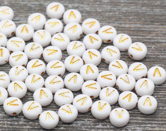 Perline alfabeto lettera V, perline alfabeto bianco e oro, perline lettere oro acrilico, perline acriliche rotonde, perline iniziali nome, misura 7 mm