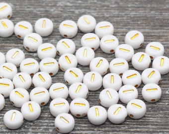 Letter I Alphabet Beads, White and Gold Alphabet Letter Beads, Acrylic Gold Letters Beads, Round Acrylic Beads, Name Initial Beads, Size 7mm