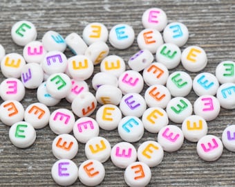 Letter E Alphabet Beads, Multicolored White Alphabet Letter Beads, Acrylic White Letters Beads, Round Acrylic Beads, Name Beads, Size 7mm