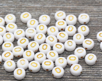 Letter O Alphabet Beads, White and Gold Alphabet Letter Beads, Acrylic Gold Letters Beads, Round Acrylic Beads, Name Initial Beads, Size 7mm
