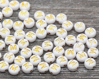 Letter M Alphabet Beads, White and Gold Alphabet Letter Beads, Acrylic Gold Letters Beads, Round Acrylic Beads, Name Initial Beads, Size 7mm