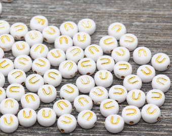 Letter U Alphabet Beads, White and Gold Alphabet Letter Beads, Acrylic Gold Letters Beads, Round Acrylic Beads, Name Initial Beads, Size 7mm