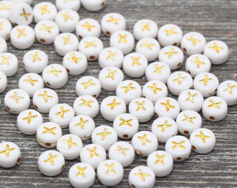 Letter X Alphabet Beads, White and Gold Alphabet Letter Beads, Acrylic Gold Letters Beads, Round Acrylic Beads, Name Initial Beads, Size 7mm