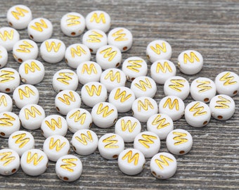 Letter W Alphabet Beads, White and Gold Alphabet Letter Beads, Acrylic Gold Letters Beads, Round Acrylic Beads, Name Initial Beads, Size 7mm