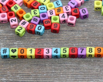 Multicolor Number Beads, Assorted Number Beads, Mix Color Cube Square Number Beads, Heart, Hashtag #, Size 6mm #2041