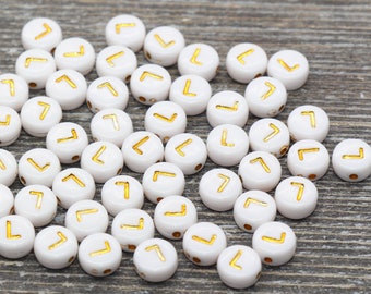 Letter L Alphabet Beads, White and Gold Alphabet Letter Beads, Acrylic Gold Letters Beads, Round Acrylic Beads, Name Initial Beads, Size 7mm