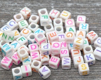 Multicolored Alphabet Letter Beads, Mixed AB White Acrylic Letter Beads,  Plastic Letter Beads, Acrylic Square Name Beads, Size 6mm #724