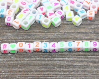 Multicolor Number Beads, Assorted Number Beads, Mix Color Cube Square Number Beads, Heart, Hashtag #, Size 6mm #2039