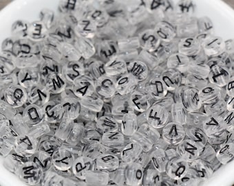 Clear Alphabet Letter Beads, Transparent Acrylic Beads with Black Letters, Round Acrylic Beads, Mix Letters, Name Beads 7mm #1618