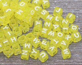 Translucent Yellow Alphabet Letter Beads, Mix Cube Square Letter Beads, Plastic Letter Beads, Acrylic Name Initial Beads, Size 6mm #3245