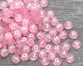 Pink Alphabet Letter Beads, Translucent Acrylic Pink Letters Beads, Round Acrylic Beads, Mixed Letters Beads, Name Beads 7mm #357
