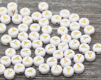 Letter Y Alphabet Beads, White and Gold Alphabet Letter Beads, Acrylic Gold Letters Beads, Round Acrylic Beads, Name Initial Beads, Size 7mm