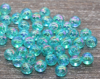8mm Sea Green AB Round Beads, Iridescent Acrylic Gumball Beads, Transparent Round Spacer Beads, Bubblegum Beads, Plastic Round Bead #932
