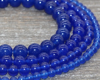 Royal Blue Jade Beads, Smooth Gemstone Round Loose Beads, Size 4mm 6mm 8mm 10mm 12mm, Full Strand 15&quot; #201