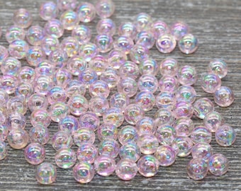 Perles AB rose layette 6 mm, Billes en forme de boule de gomme acrylique irisé, Perles d'espacement rondes transparentes, chewing-gum, Perle ronde en plastique #920