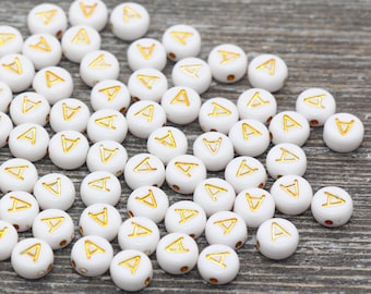 Letter A Alphabet Beads, White and Gold Alphabet Letter Beads, Acrylic Gold Letters Beads, Round Acrylic Beads, Name Initial Beads, Size 7mm