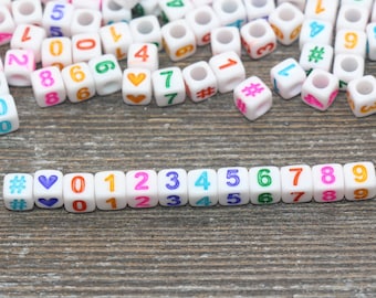 Multicolor Number Beads, Assorted Number Beads, Mix Color Cube Square Number Beads, Heart, Hashtag #, Size 6mm #2042