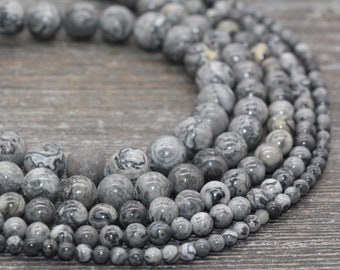 Gray Map Jasper Beads, Gray Gemstone Round Beads, Jewelry Making Bracelet Beads, Size 4mm 6mm 8mm 10mm 12mm, Full Strand 15'', #11