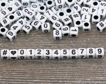 6mm Number Beads Mix, White Cube Beads with Black Numbers, Jewelry Making Supplies #2044