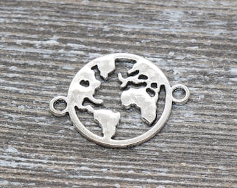 BULK 50 World map connector charms antique silver tone WT272