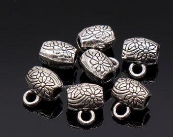 6 Bail Beads with Flower Design Antique Silver Tone - B60