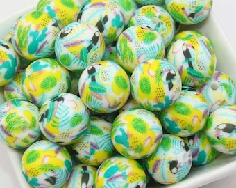 15mm Parrot Printed Beads, Bird and Plants Silicone Beads, Round Bubblegum Beads, Beads for Pens #S123
