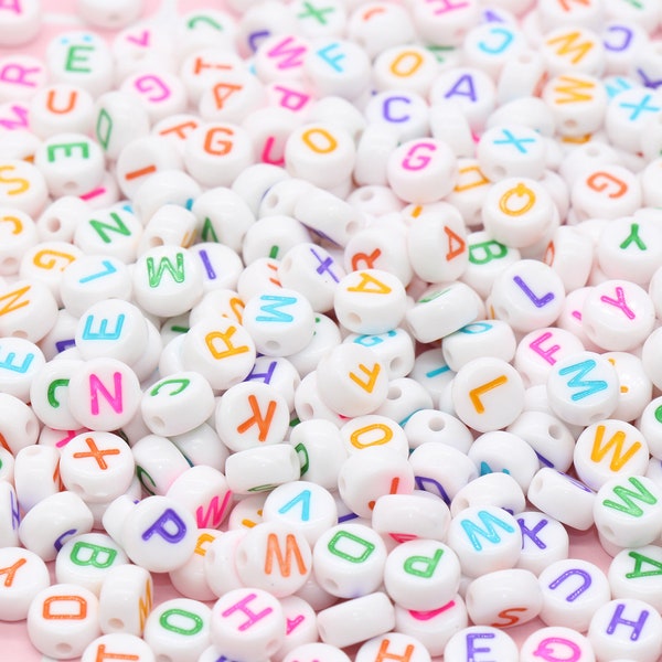 Multicolor Alphabet Letter Beads, Acrylic White Letters Beads, Colorful Round Acrylic Beads, ABC Letter Beads, Name Beads 7mm #22
