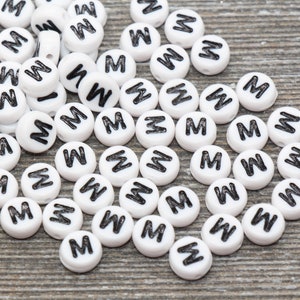 Letter M Alphabet Beads, White Alphabet Letter Beads, Acrylic White and Black Letters Beads, Round Acrylic Beads, Name Beads, Size 7mm