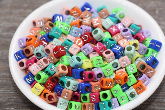 Multicolor Cube Alphabet Letter Beads, Multicolored Beads With Silver  Letters, Plastic Letter Beads, Acrylic Square Name Beads, Size 6mm 60 