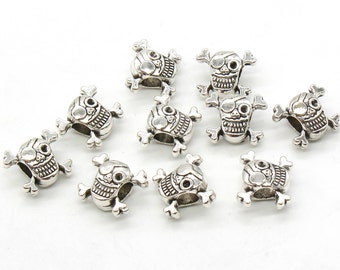 5 Pcs Skull and Bone Beads Large Hole Beads Antique Silver Tone - B28