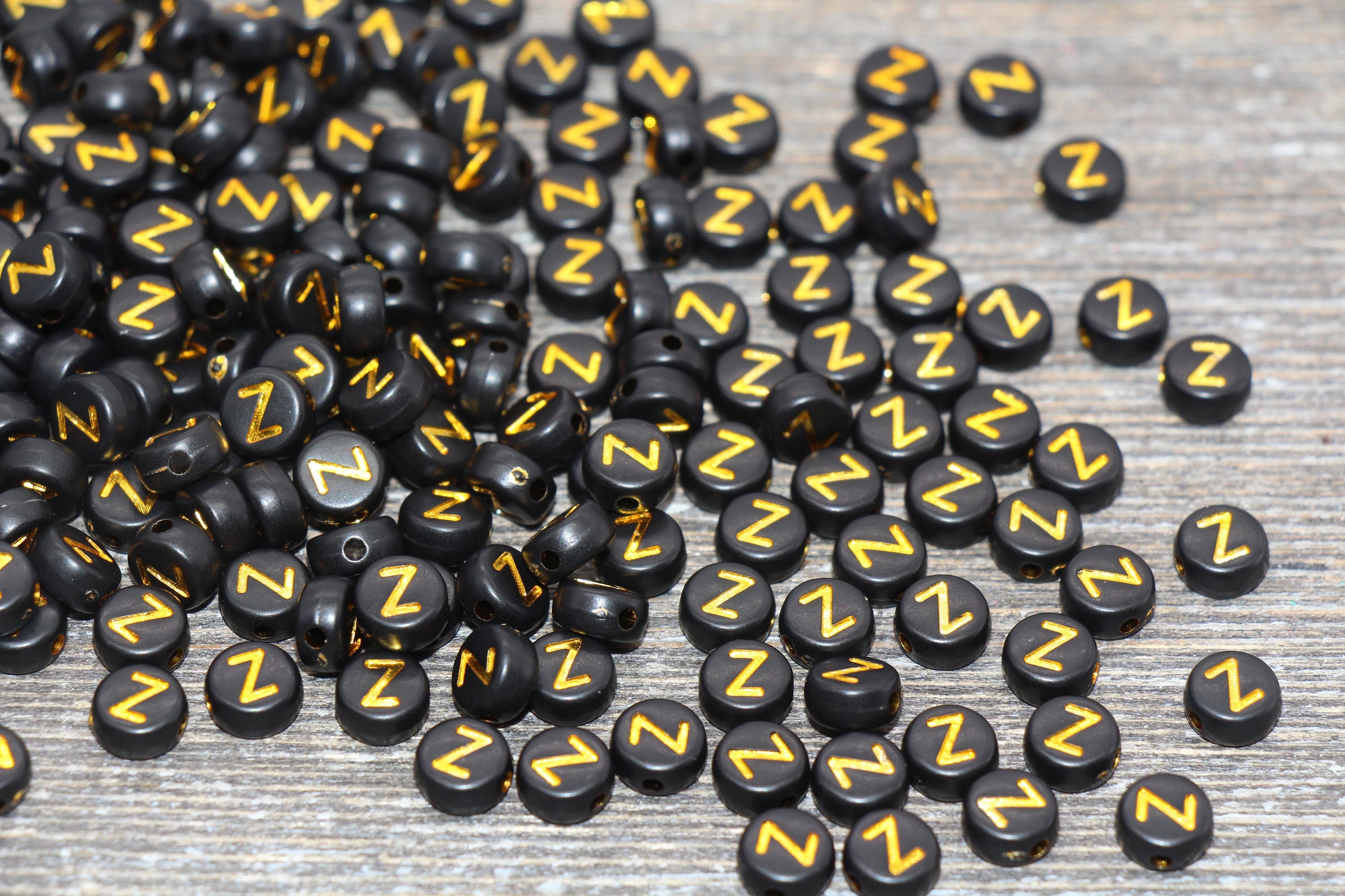 Letter Z Beads, Black with Gold Letter Z, Individual letter, Single Letter, Gold Letter Z, Size 7mm