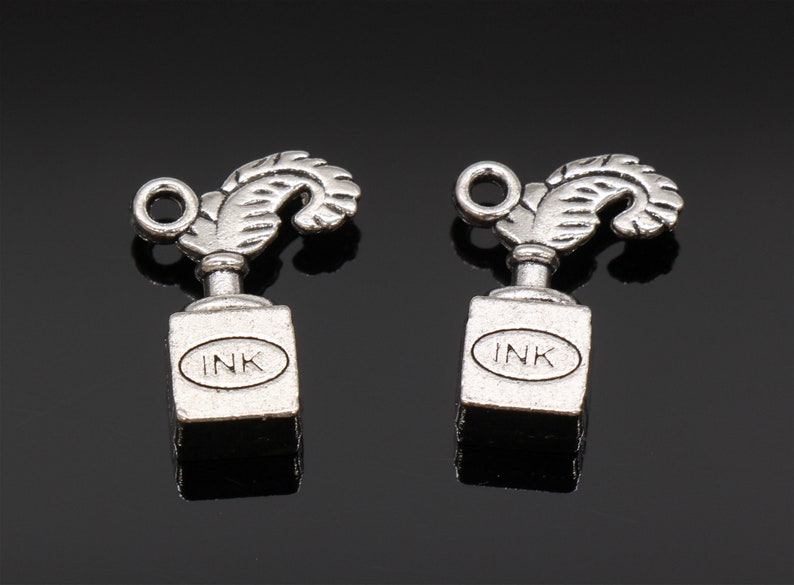 Bulk 20 Quill and Ink Bottle Charms Pen Charms Antique Silver Tone 3D 14x20mm YD1696