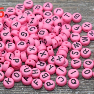 Alphabet Letter Acrylic Beads, Round Acrylic Beads, Plastic Letter Beads, Name Bracelet Beads, ABC Letter Beads, Name Beads, Name Inital 7mm #16 Pink with Black