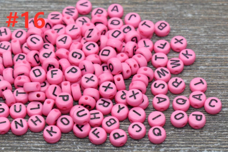 Alphabet Letter Acrylic Beads, Round Acrylic Beads, Plastic Letter Beads, Name Bracelet Beads, ABC Letter Beads, Name Beads, Name Inital 7mm #16 Pink with Black