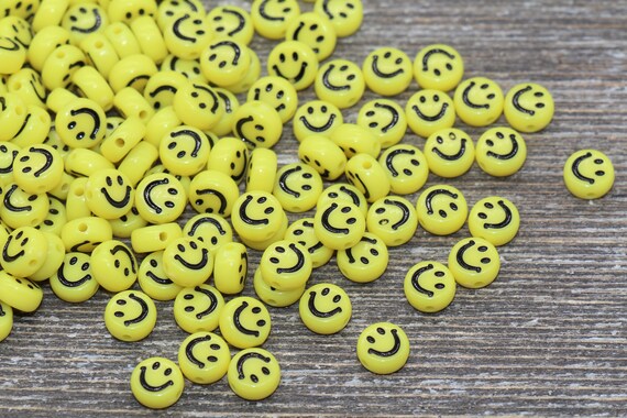 Smiley Face Round Beads, Yellow Emoji Beads, Happy Face Beads