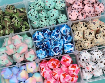 17 mm zeshoekige siliconenkralen, camouflage, terrazzo, tie-dye bedrukte kralen voor het maken van sieraden, armbanden, sleutelhangers