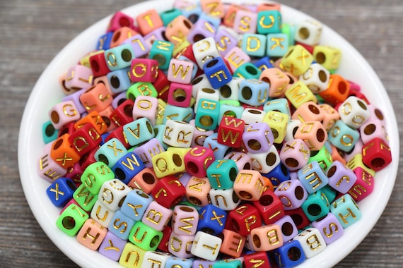 Multicolor Cube Alphabet Letter Beads, Multicolored Beads With Gold Letters,  Plastic Letter Beads, Acrylic Square Name Beads, Size 6mm 1312 