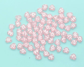 Cuentas con letras en forma de corazón, cuentas rosas con letras, cuentas con alfabeto en forma de corazón, cuentas para pulseras con nombres, cuentas con palabras, tamaño 7 mm #3557