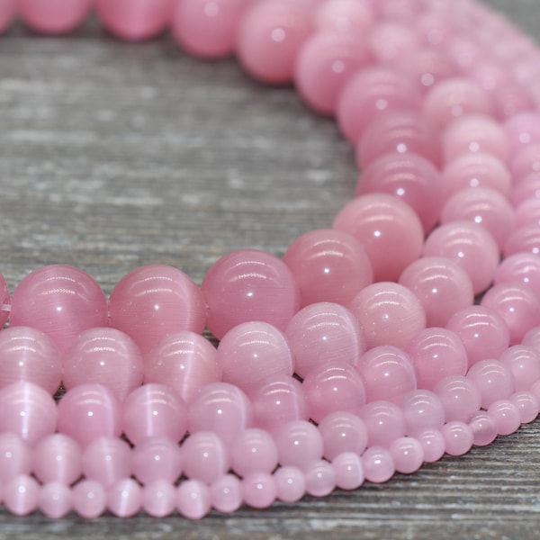 Perles roses d’oeil de chat, perles rondes lisses, taille 4mm 6mm 8mm 10mm 12mm, brin complet 15,5 pouces, #208