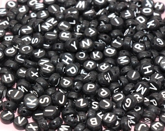 Black Alphabet Letter Beads, Acrylic Black and White Letter Beads, Round Acrylic Beads, ABC Letter Beads, 7mm #25